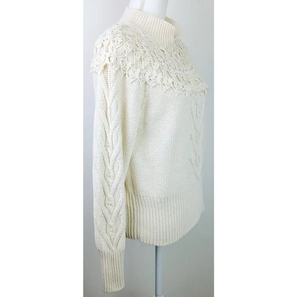 Sarah Taylor Collection VTG SZ M Cable Knit Cream Sweater Crochet Pearls 80's